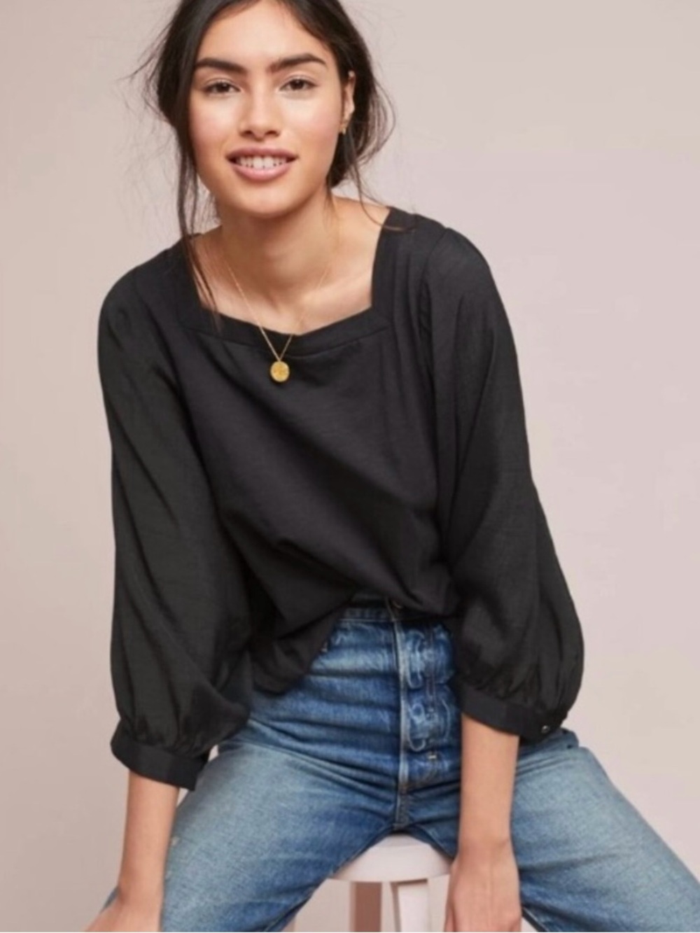 Anthropologie Akemi + Kin Decker Square Neck Balloon Sleeve Top Black Small